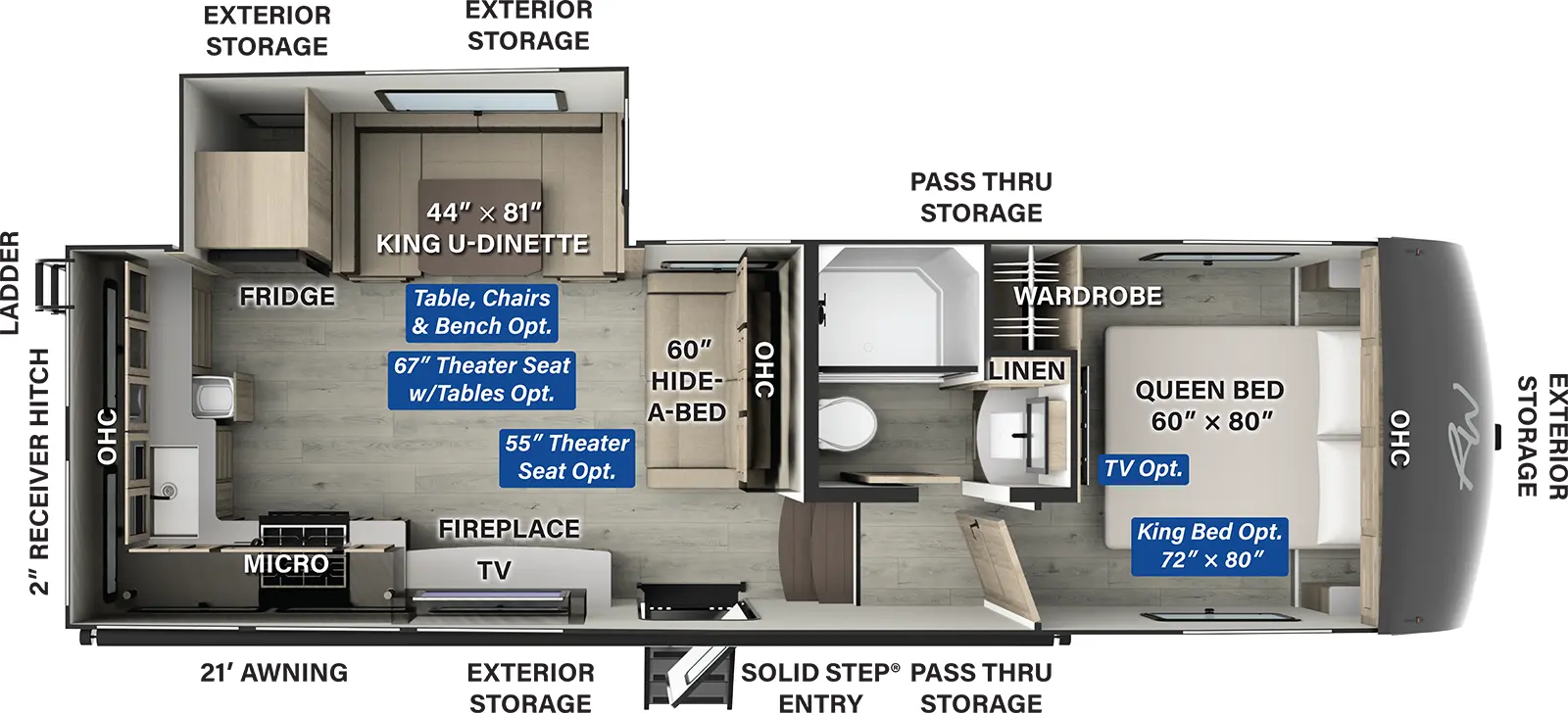 The Rockwood Signature Fifth Wheels R301RKS has one entry and one slide out. Exterior features include: fiberglass exterior and 21' awning. Interiors features include: rear kitchen, u-dinette and front bedroom.